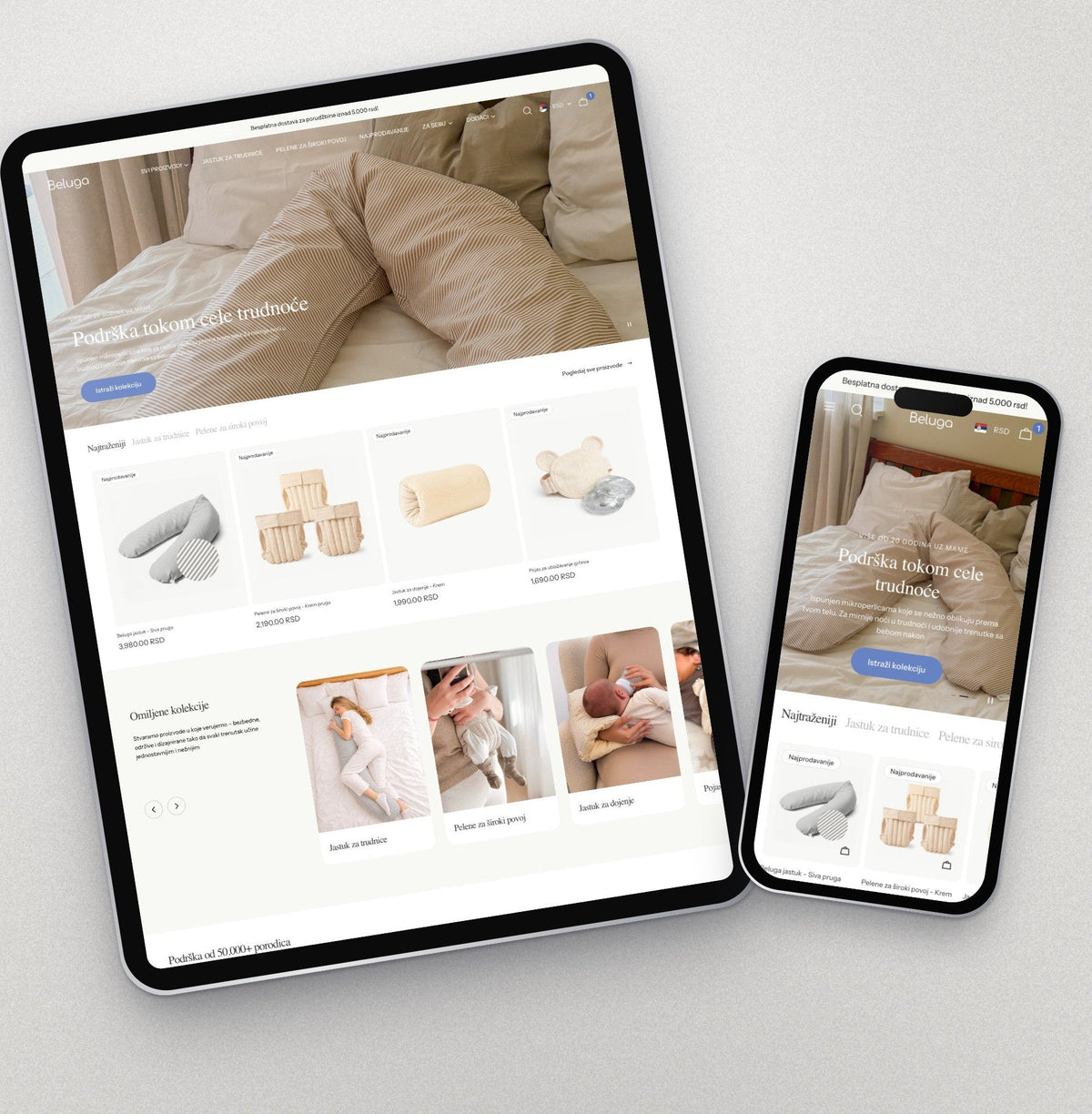 Beluga Shopify prodavnica na tabletu i telefonu