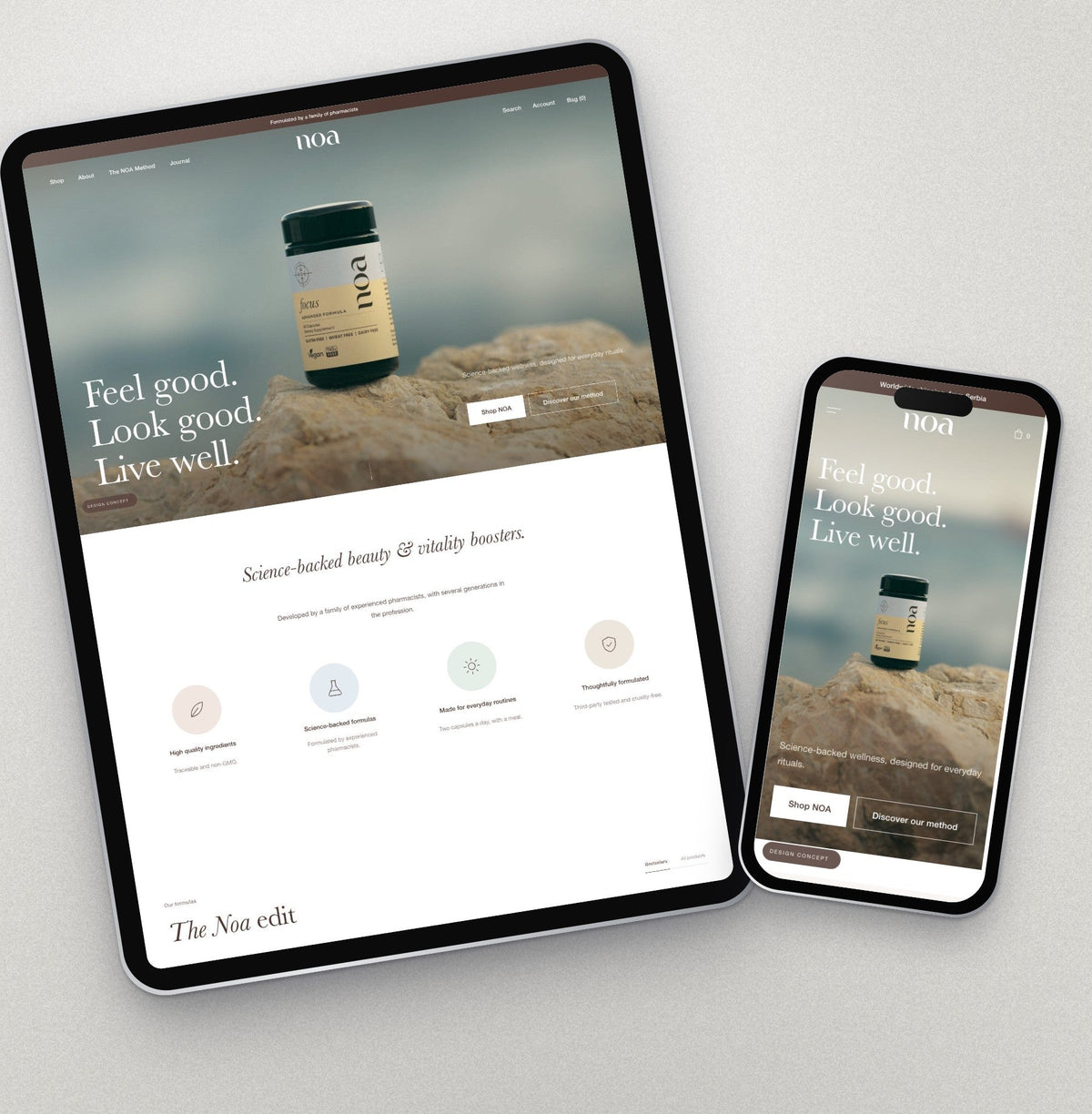NOA Shopify koncept na tabletu i telefonu
